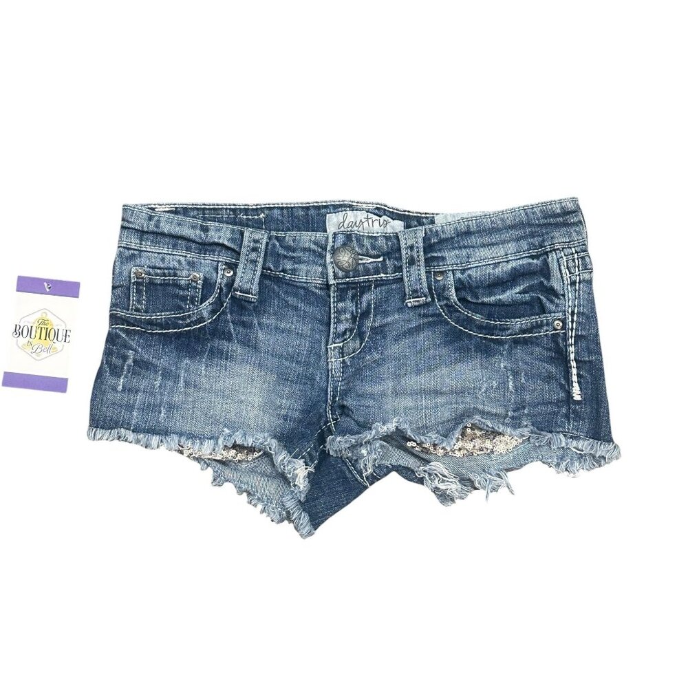 Daytrip Womens 25 Denim Cut Off Shorts Sequins Frayed Hem Stretch Thick Stitch